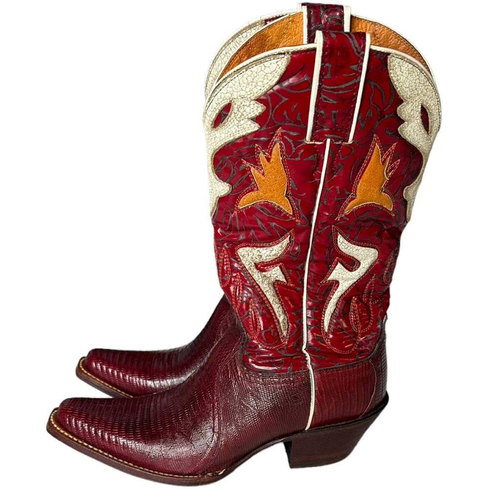 Frye Women’s Lily Cowboy Boots Red Teju Lizard Leather Boots